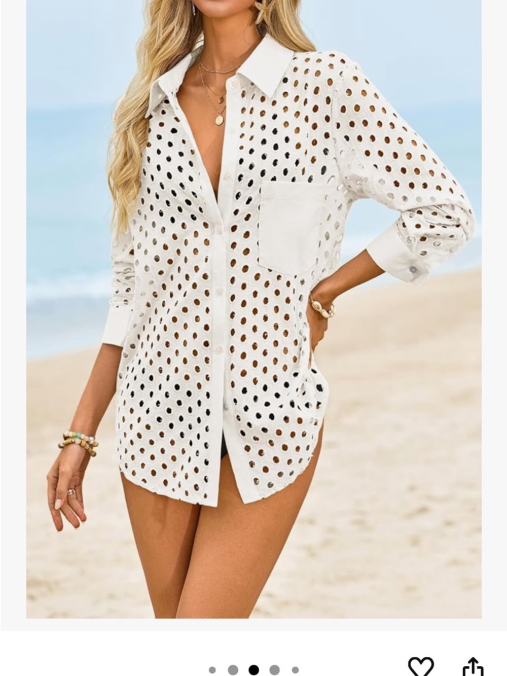 White Eyelet Cotton Button-Up Shirt Beach Coverup NEW Small - Picture 5 of 7